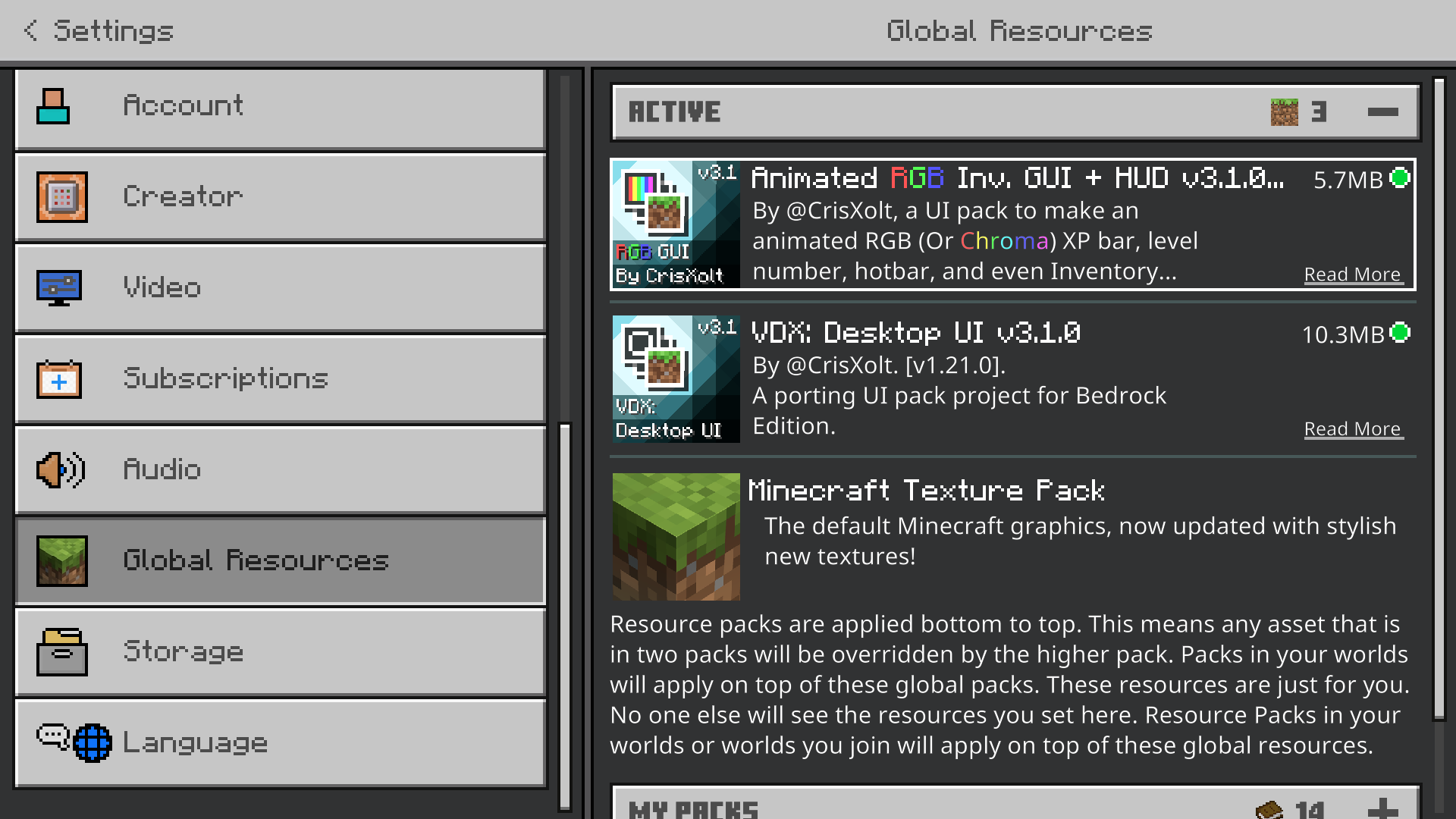 Resource pack order interface