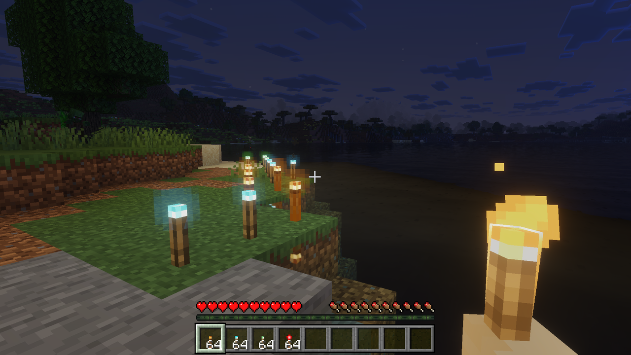 Soft bloom effect around a torch in Minecraft