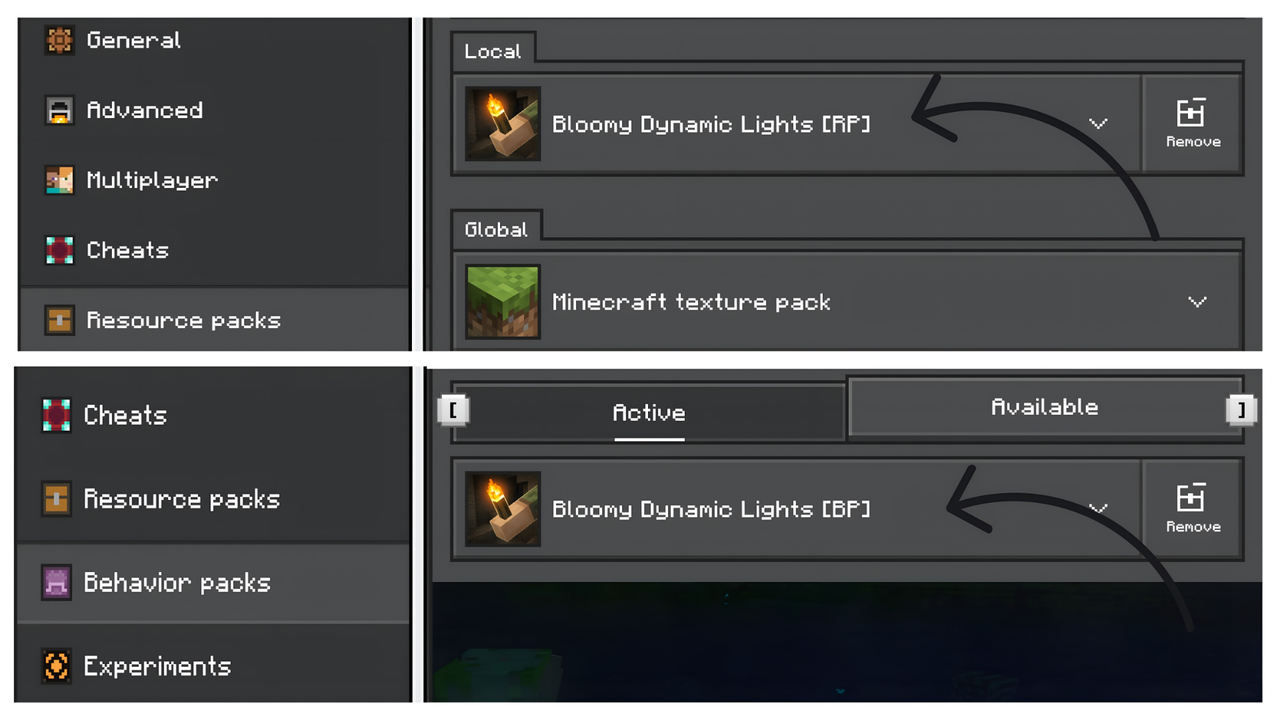 Minecraft settings showing enabled packs