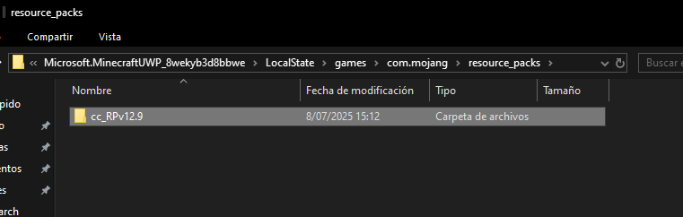 Windows folder navigation for Minecraft resource packs