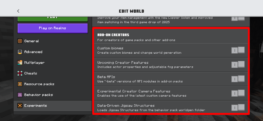 Minecraft world settings for experimental and education mode