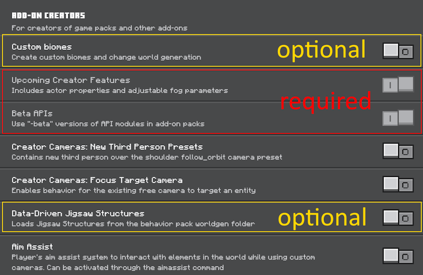 Required Experimental Gameplay Settings