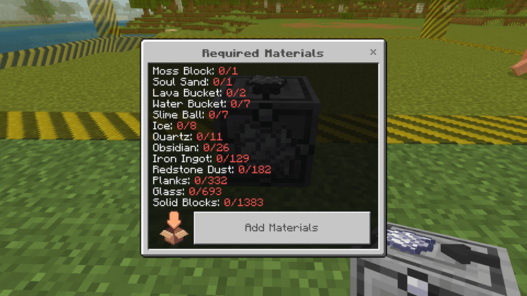 Settings menu for material requirements