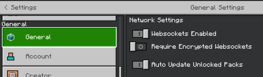 Minecraft world settings for Websockets