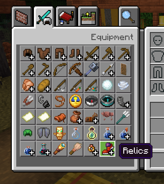 Equipment tabs showing relics and rings