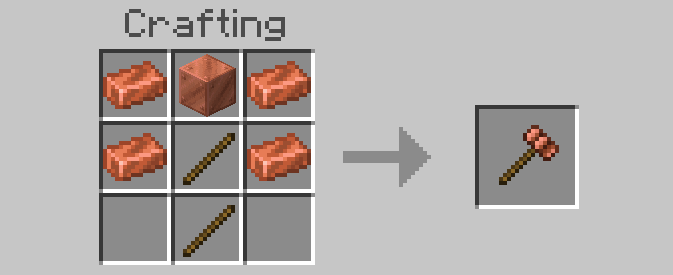 Crafting recipe layout for a hammer