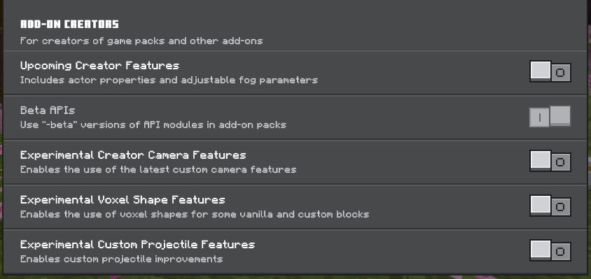 Minecraft experimental features settings