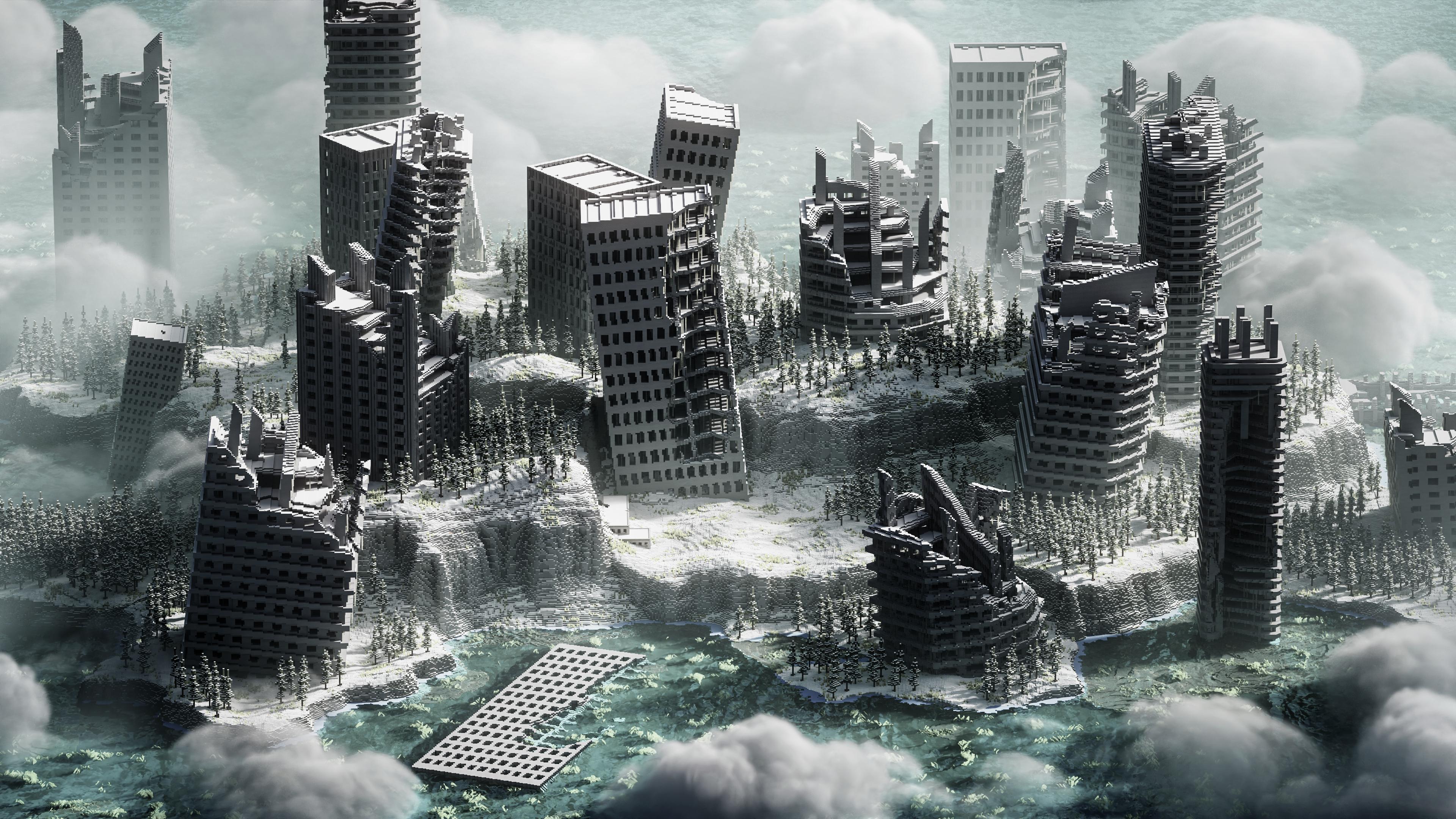 Snowy terrain and city structures