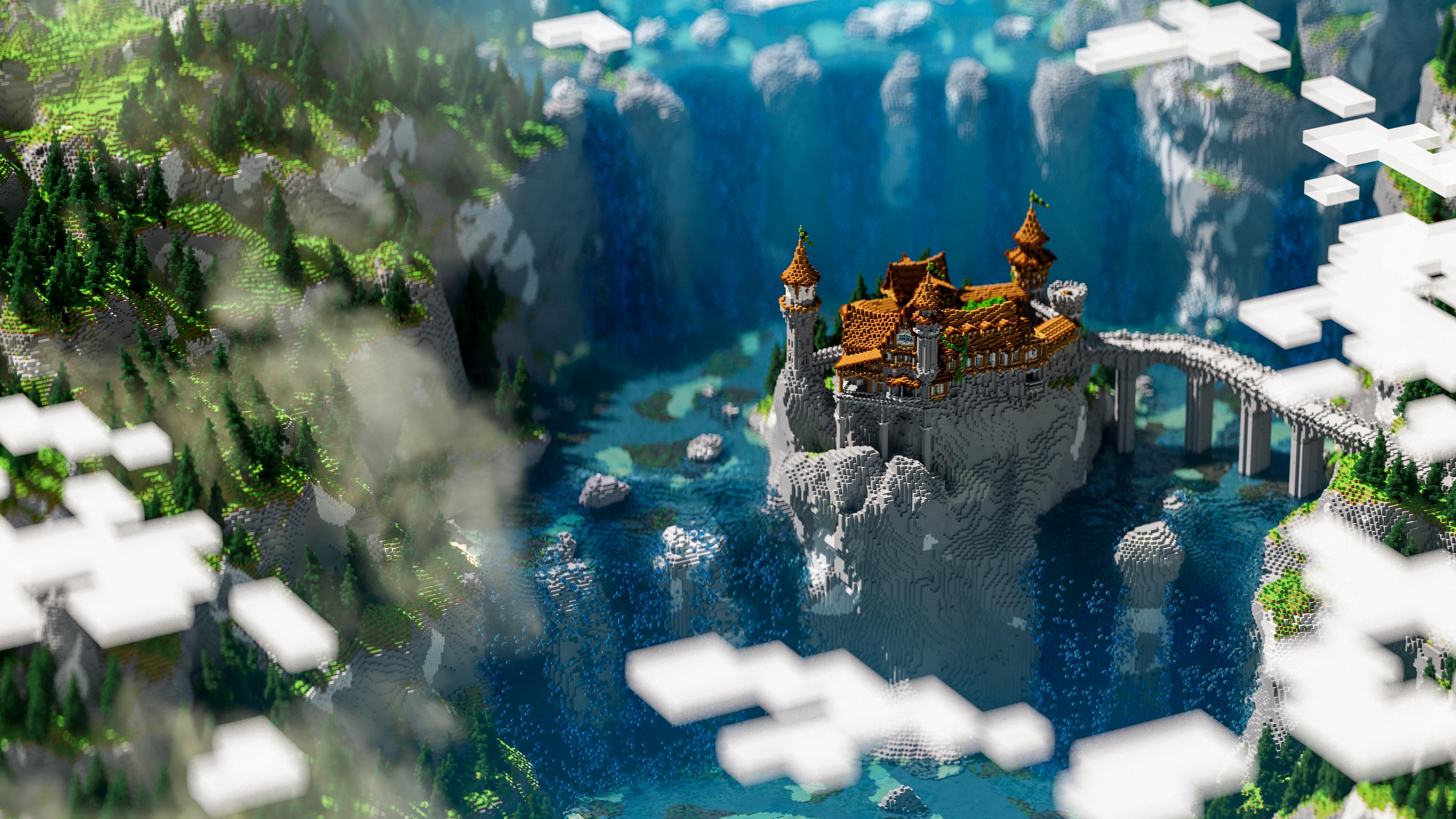 Castle on waterfall cliff terrain