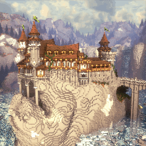 View of the castle with waterfalls
