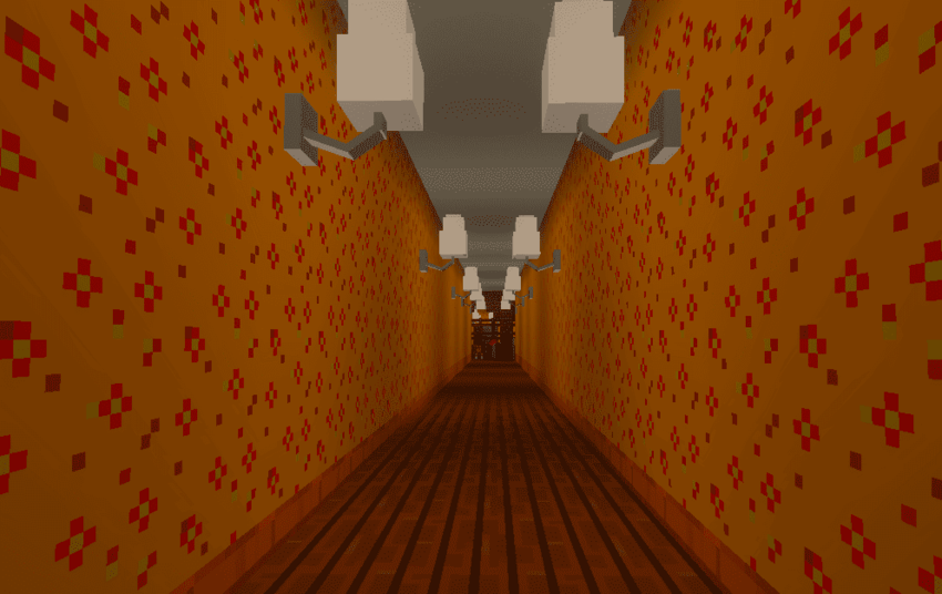 Suspenseful factory hallway setting in Minecraft