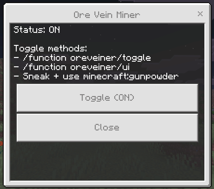 Ore Vein Miner UI Menu