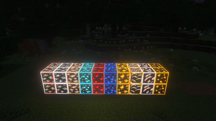 Close-up of various glowing ores