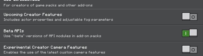 Minecraft Bedrock settings enabling Beta API and cheats