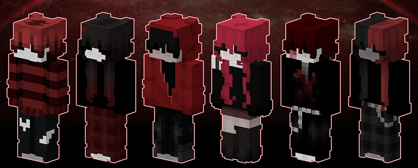 Close-up view of Red + Black skin pack characters