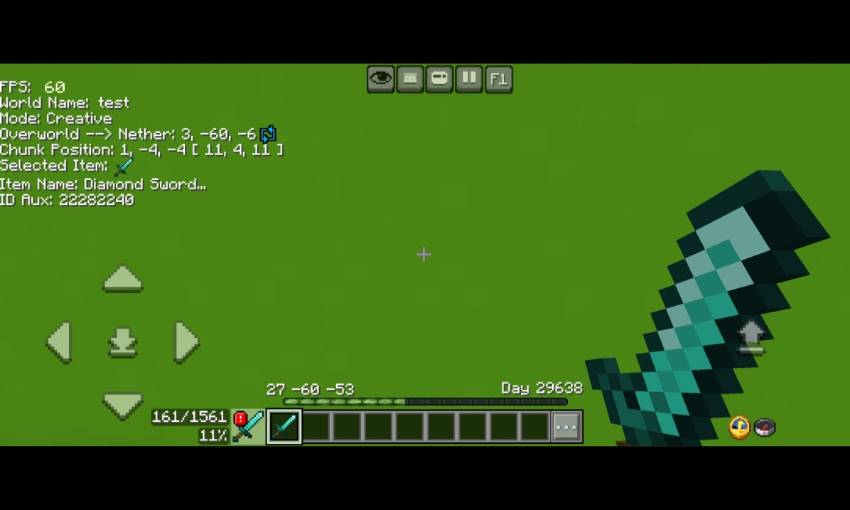 Debug screen with FPS, coordinates, and item info