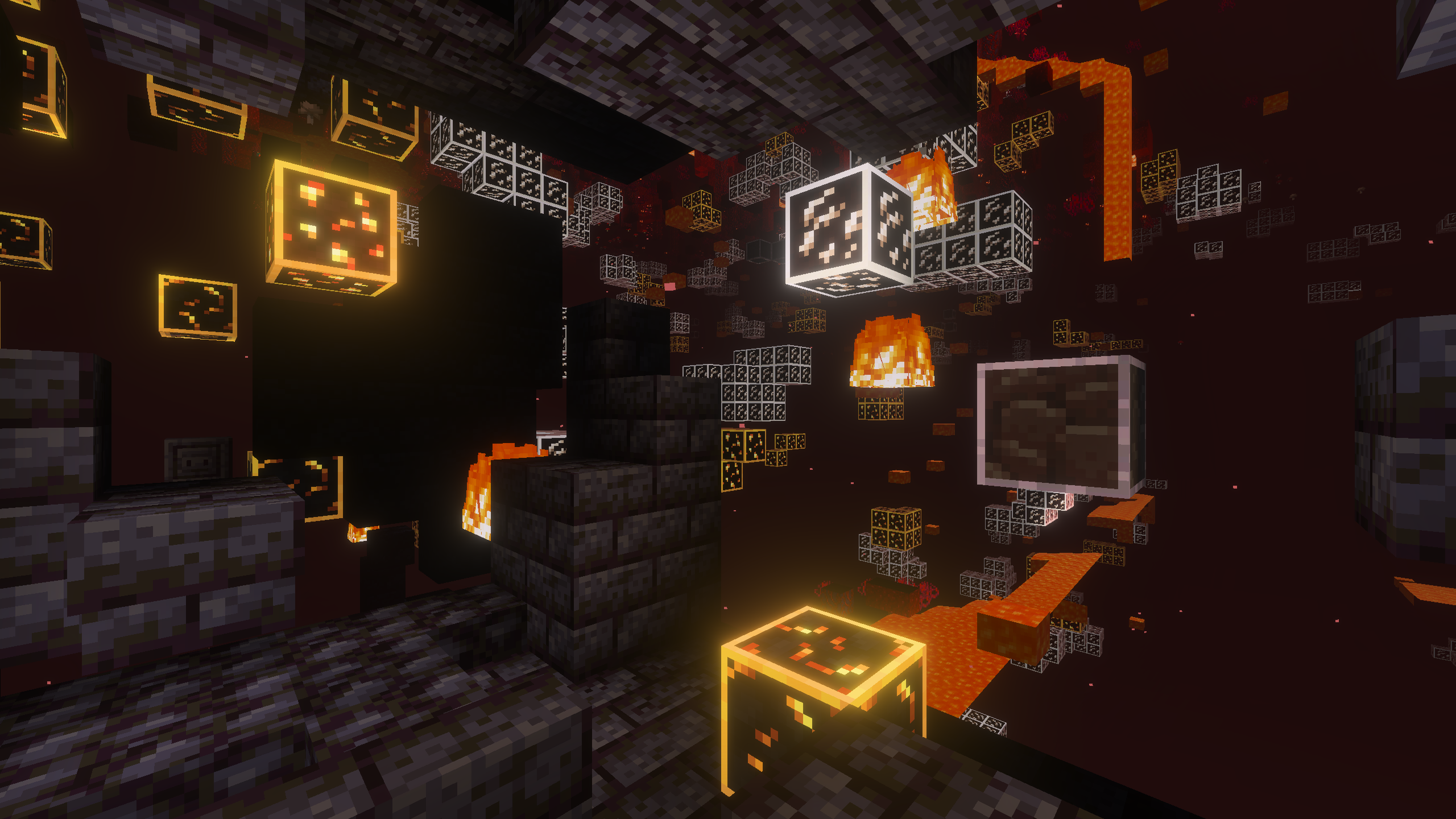 The Nether with glowing ores outlines and x-ray