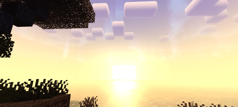 Sunset scene with warm colors in Minecraft shader