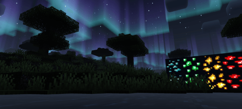 Starry night sky and glowing minerals in Minecraft shader