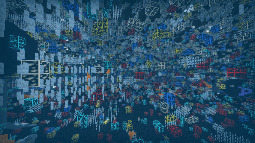Underground scene with custom glowing ore textures and clear visibility