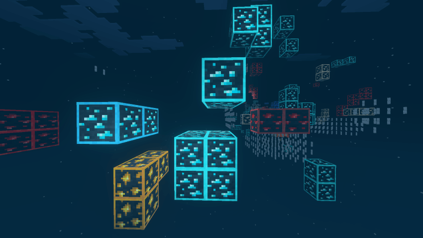 In-game view highlighting glowing ores with night-vision HUD filter