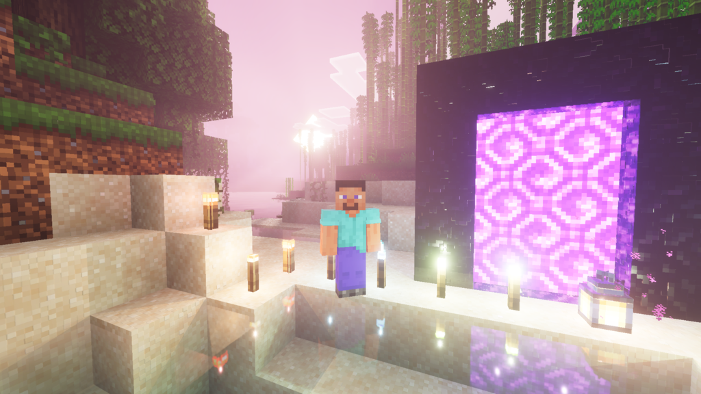 Warm fog and god rays visible in Minecraft biome