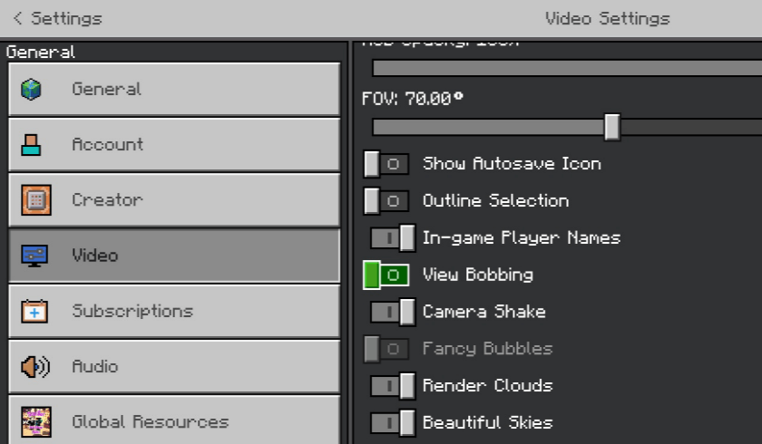 Video settings with View Bobbing toggle