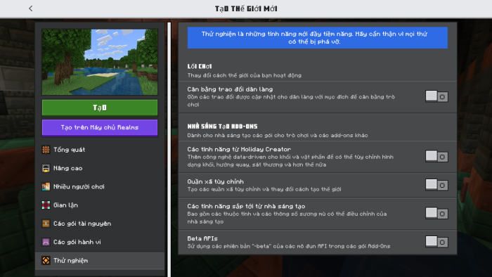 Create New World and Experiments Screen